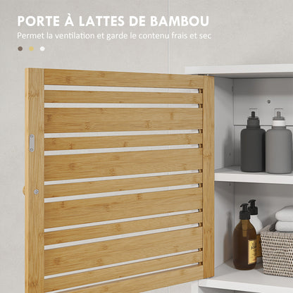 Wall Cabinet for Bathroom with Bamboo Slatted Door, Storage Unit, Adjustable Shelf, 40L x 20W x 70H cm, White