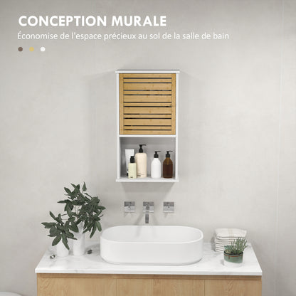 Wall Cabinet for Bathroom with Bamboo Slatted Door, Storage Unit, Adjustable Shelf, 40L x 20W x 70H cm, White