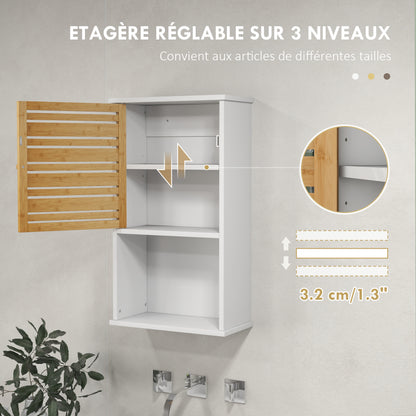 Wall Cabinet for Bathroom with Bamboo Slatted Door, Storage Unit, Adjustable Shelf, 40L x 20W x 70H cm, White