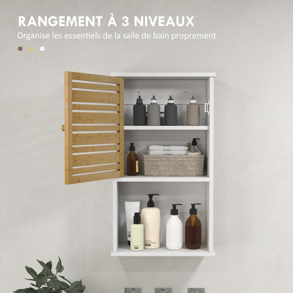Wall Cabinet for Bathroom with Bamboo Slatted Door, Storage Unit, Adjustable Shelf, 40L x 20W x 70H cm, White