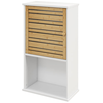 Wall Cabinet for Bathroom with Bamboo Slatted Door, Storage Unit, Adjustable Shelf, 40L x 20W x 70H cm, White
