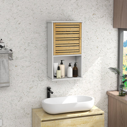 Wall Cabinet for Bathroom with Bamboo Slatted Door, Storage Unit, Adjustable Shelf, 40L x 20W x 70H cm, White