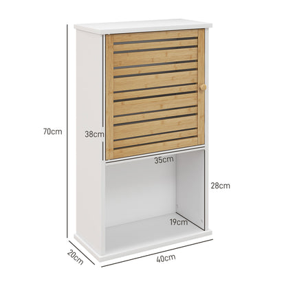 Wall Cabinet for Bathroom with Bamboo Slatted Door, Storage Unit, Adjustable Shelf, 40L x 20W x 70H cm, White