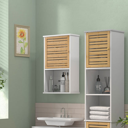 Wall Cabinet for Bathroom with Bamboo Slatted Door, Storage Unit, Adjustable Shelf, 40L x 20W x 70H cm, White