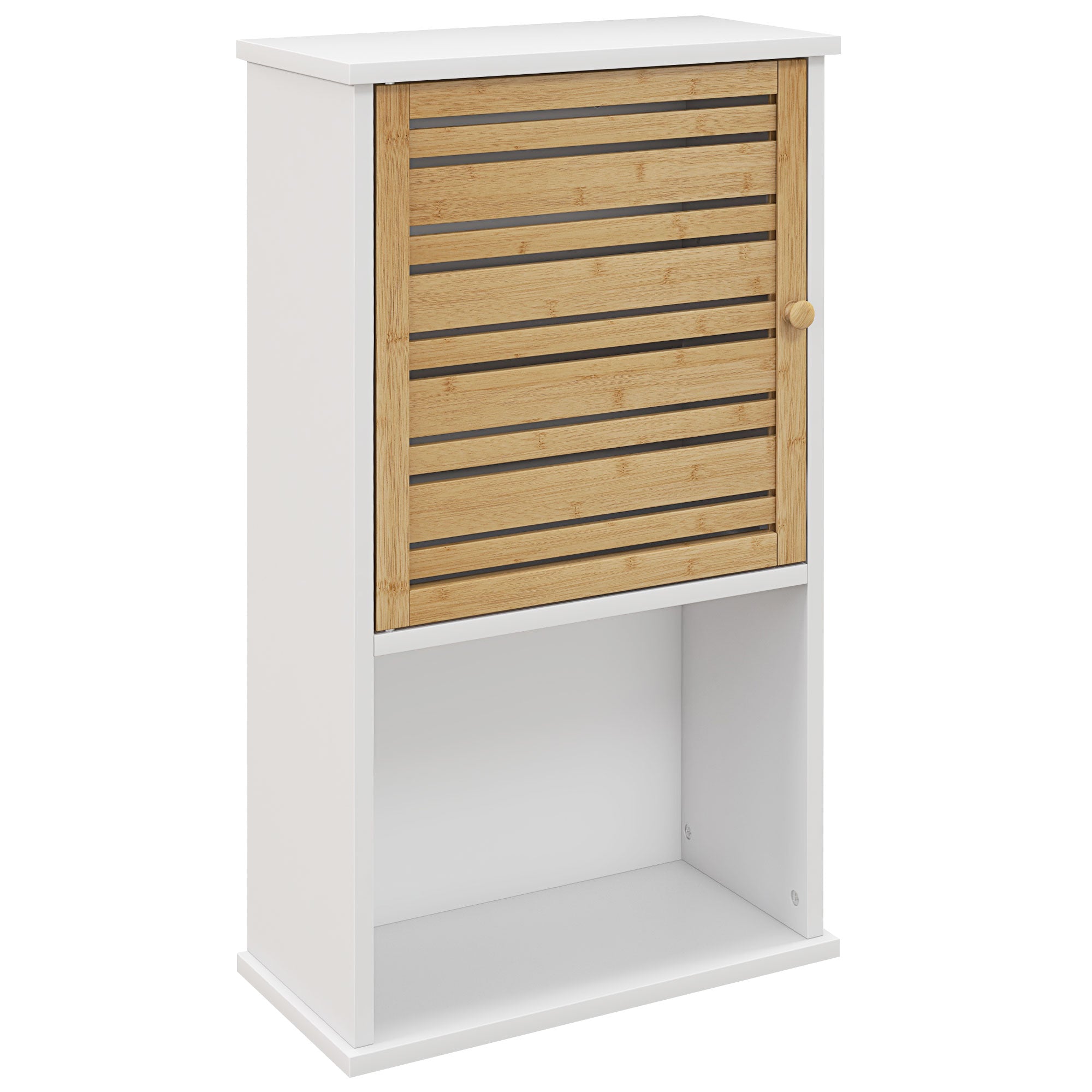 Wall Cabinet for Bathroom with Bamboo Slatted Door, Storage Unit, Adjustable Shelf, 40L x 20W x 70H cm, White