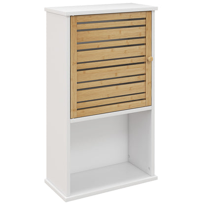 Wall Cabinet for Bathroom with Bamboo Slatted Door, Storage Unit, Adjustable Shelf, 40L x 20W x 70H cm, White