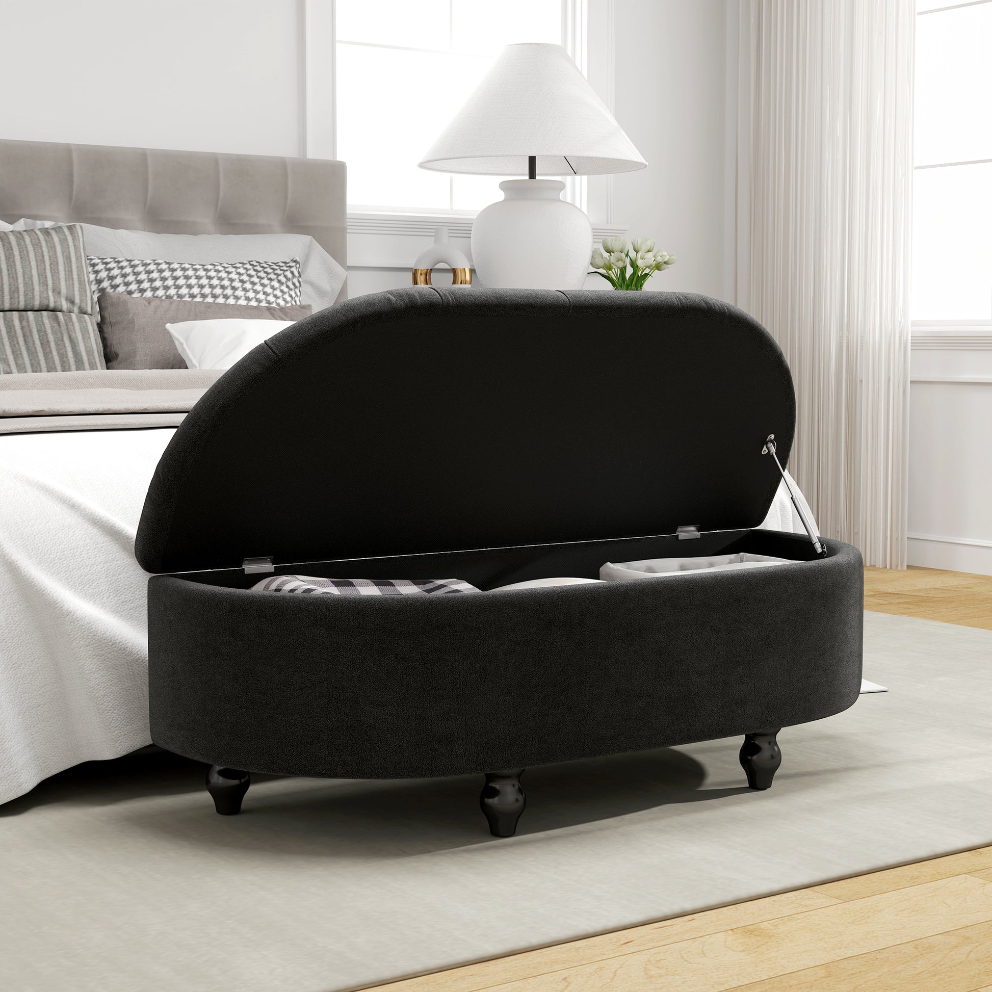 Storage Ottoman Bench with Velvet Upholstery, Open Lid Storage Chest with Wooden Legs, Storage Bench for Living Room Entryway Bedroom 120 x 46 x 42 cm Dark Gray