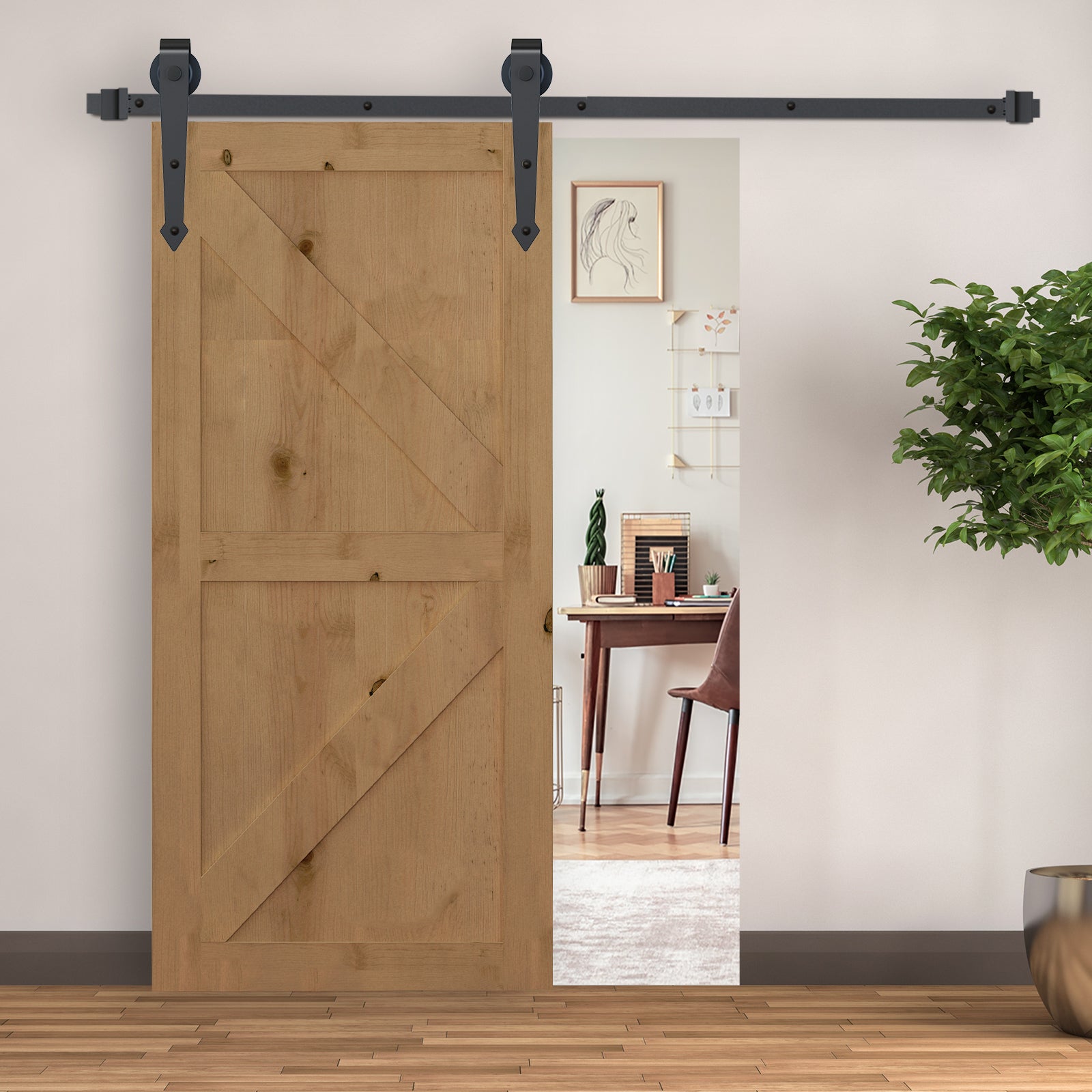 Sliding Door Hardware Set, 2m, Complete Kit with Rails, Rollers, Door Stoppers, Floor Guide, Sliding Door System made of Carbon Steel, Brown