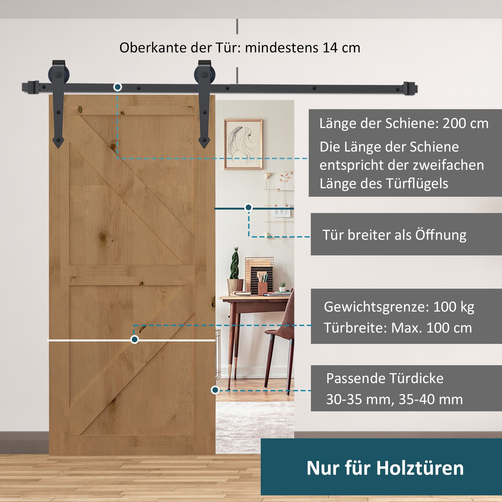 Sliding Door Hardware Set, 2m, Complete Kit with Rails, Rollers, Door Stoppers, Floor Guide, Sliding Door System made of Carbon Steel, Brown