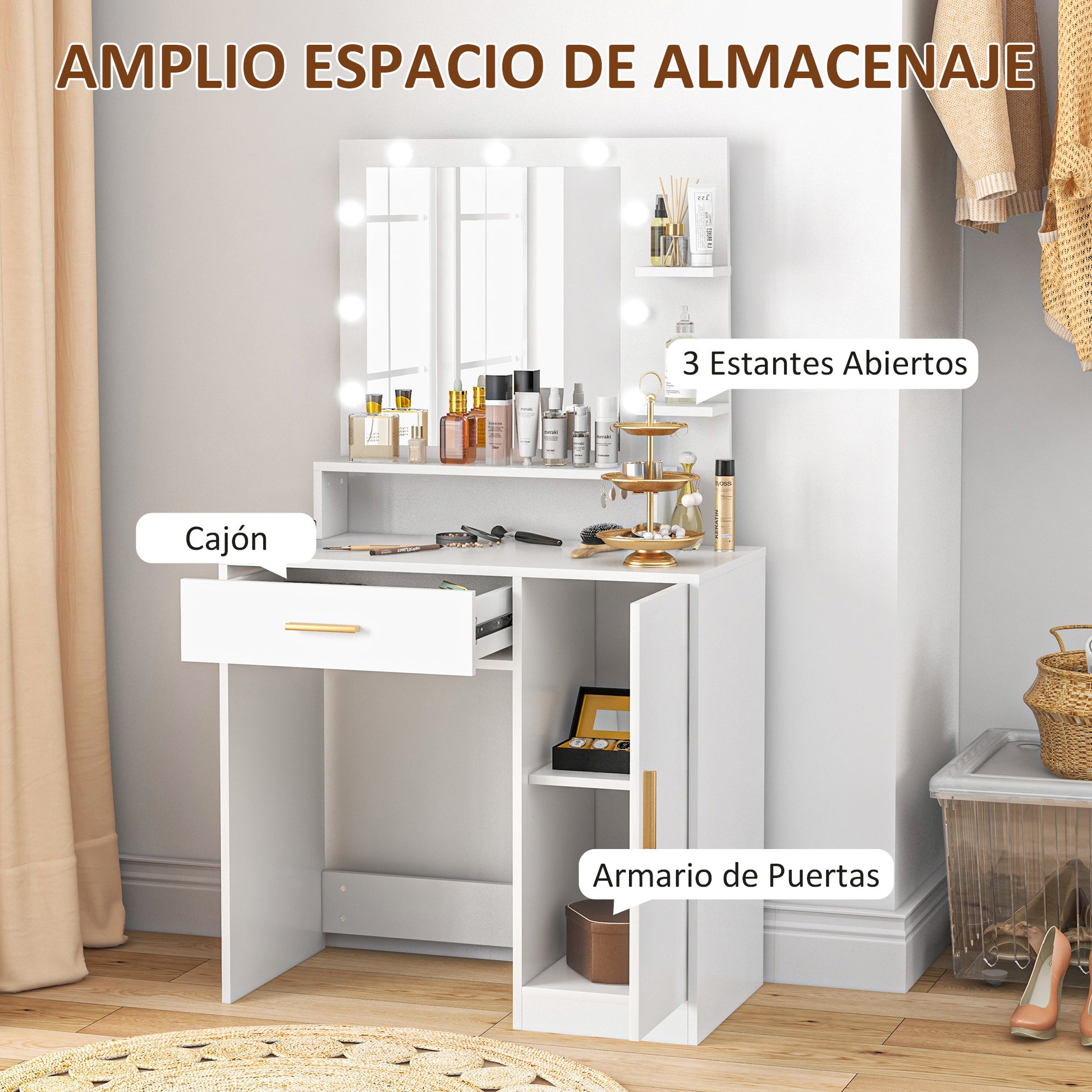 Makeup Vanity with Stool Makeup Table with LED Mirror Drawers Adjustable Shelf Open Shelves for Bedroom Living Room White