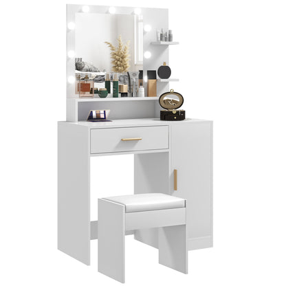 Makeup Vanity with Stool Makeup Table with LED Mirror Drawers Adjustable Shelf Open Shelves for Bedroom Living Room White