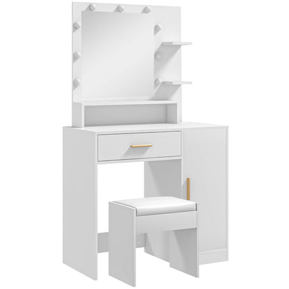 Makeup Vanity with Stool Makeup Table with LED Mirror Drawers Adjustable Shelf Open Shelves for Bedroom Living Room White
