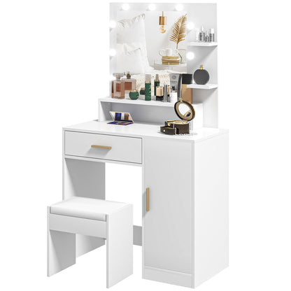 Makeup Vanity with Stool Makeup Table with LED Mirror Drawers Adjustable Shelf Open Shelves for Bedroom Living Room White