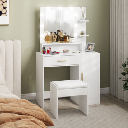 Makeup Vanity with Stool Makeup Table with LED Mirror Drawers Adjustable Shelf Open Shelves for Bedroom Living Room White