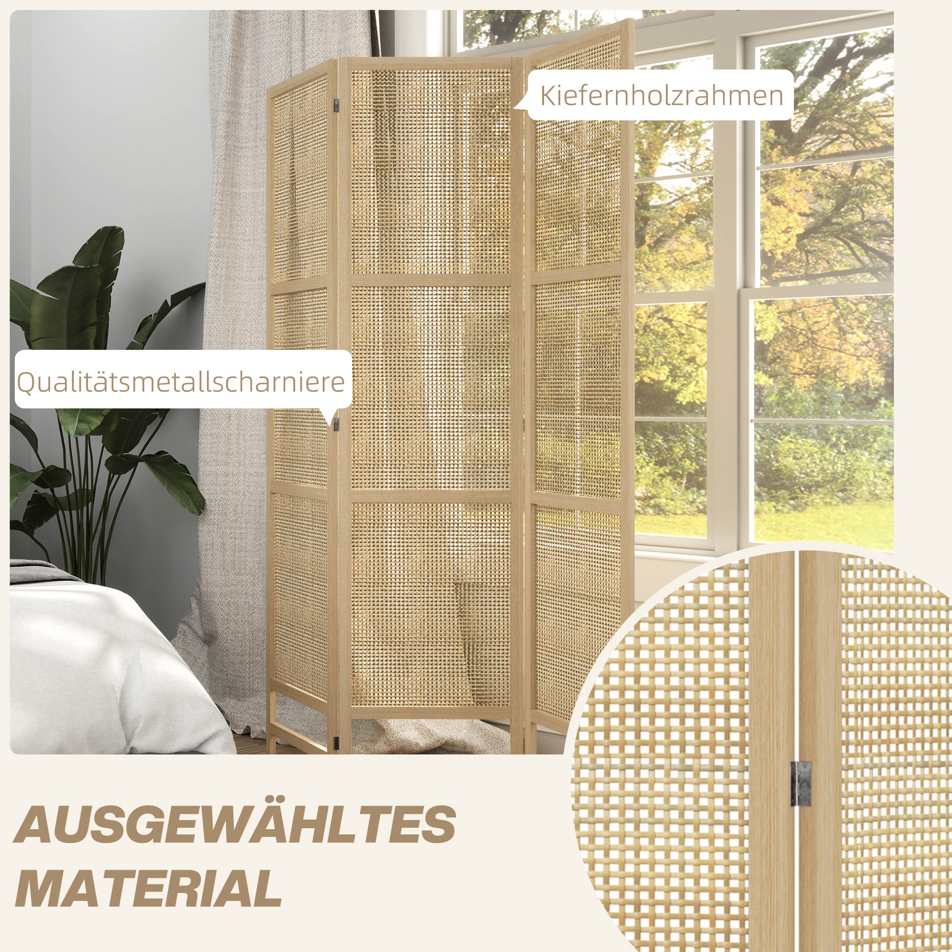 Paravent 3-piece 135 x 180 cm Room Divider made of PP Rattan, Foldable Divider Privacy Screen Partition for Living Room Natural