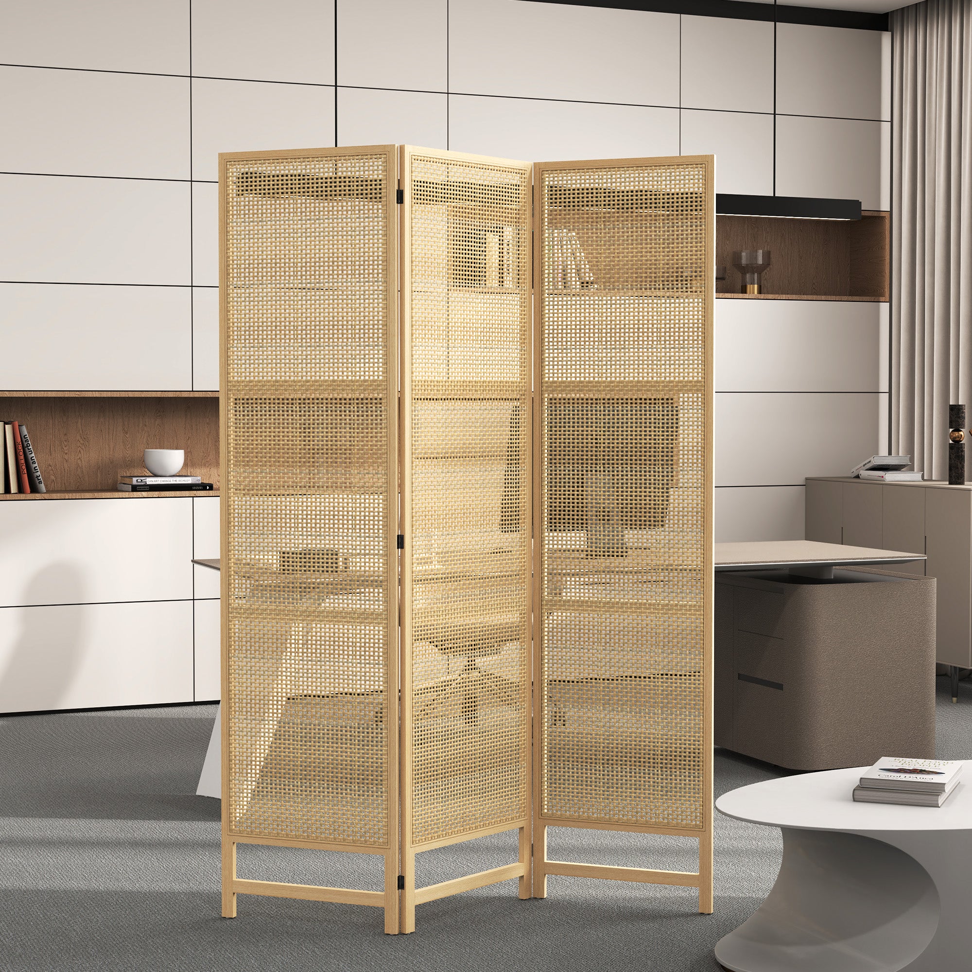 Paravent 3-piece 135 x 180 cm Room Divider made of PP Rattan, Foldable Divider Privacy Screen Partition for Living Room Natural