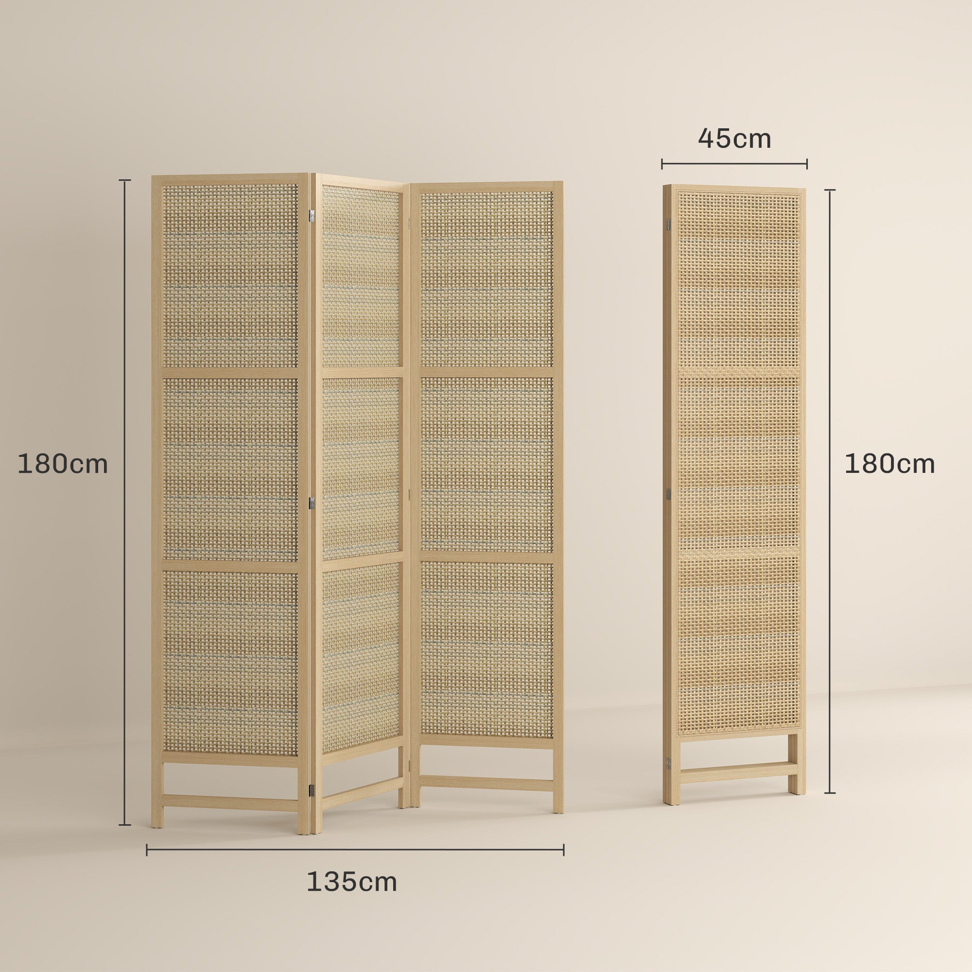 Paravent 3-piece 135 x 180 cm Room Divider made of PP Rattan, Foldable Divider Privacy Screen Partition for Living Room Natural