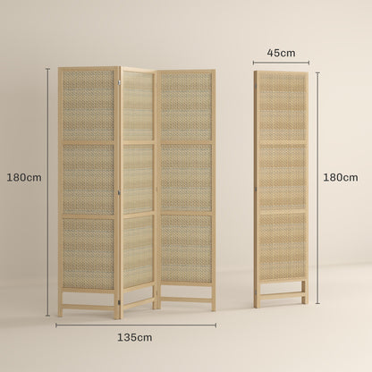 Paravent 3-piece 135 x 180 cm Room Divider made of PP Rattan, Foldable Divider Privacy Screen Partition for Living Room Natural