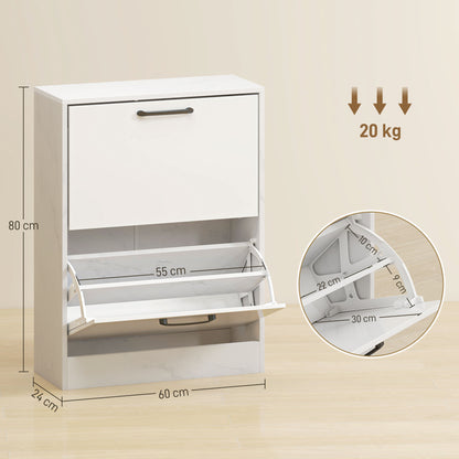 Slim Shoe Cabinet with 2 High-Gloss Flip Doors, Adjustable Shelves, Marble Design, Fits up to 8 Pairs — White (23.6 x 9.4 x 31.5 in)