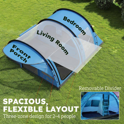 4-Person Tunnel Family Tent with Living Area, Removable Divider, Windows, Groundsheet, Standing Height — 3000 mm Waterproof (Sky Blue & Grey)