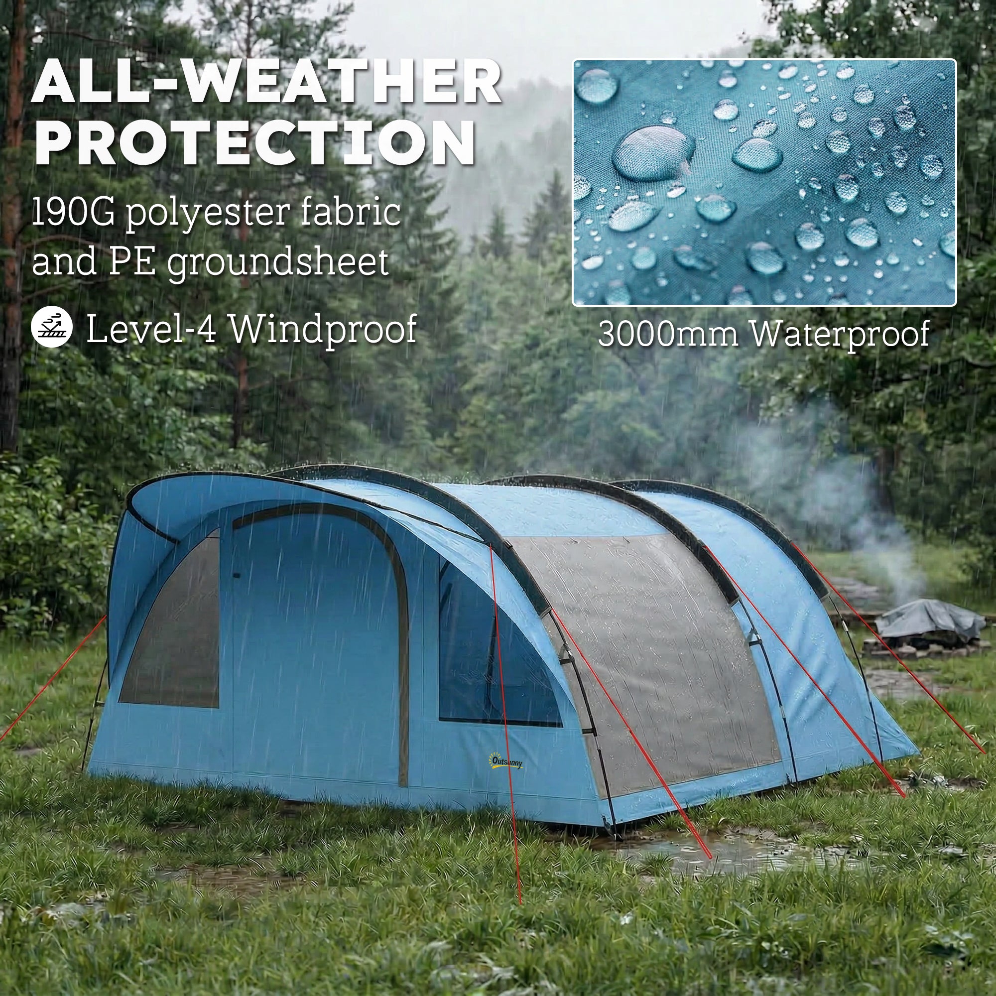 4-Person Tunnel Family Tent with Living Area, Removable Divider, Windows, Groundsheet, Standing Height — 3000 mm Waterproof (Sky Blue & Grey)