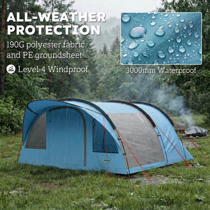 4-Person Tunnel Family Tent with Living Area, Removable Divider, Windows, Groundsheet, Standing Height — 3000 mm Waterproof (Sky Blue & Grey)