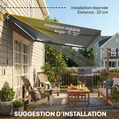 Manual Retractable Awning 11.5' x 9.8' — Adjustable Tilt, Crank-Operated, Aluminum Frame, 280 g/m² Polyester, UPF50+, Water-Resistant, Dark Gray
