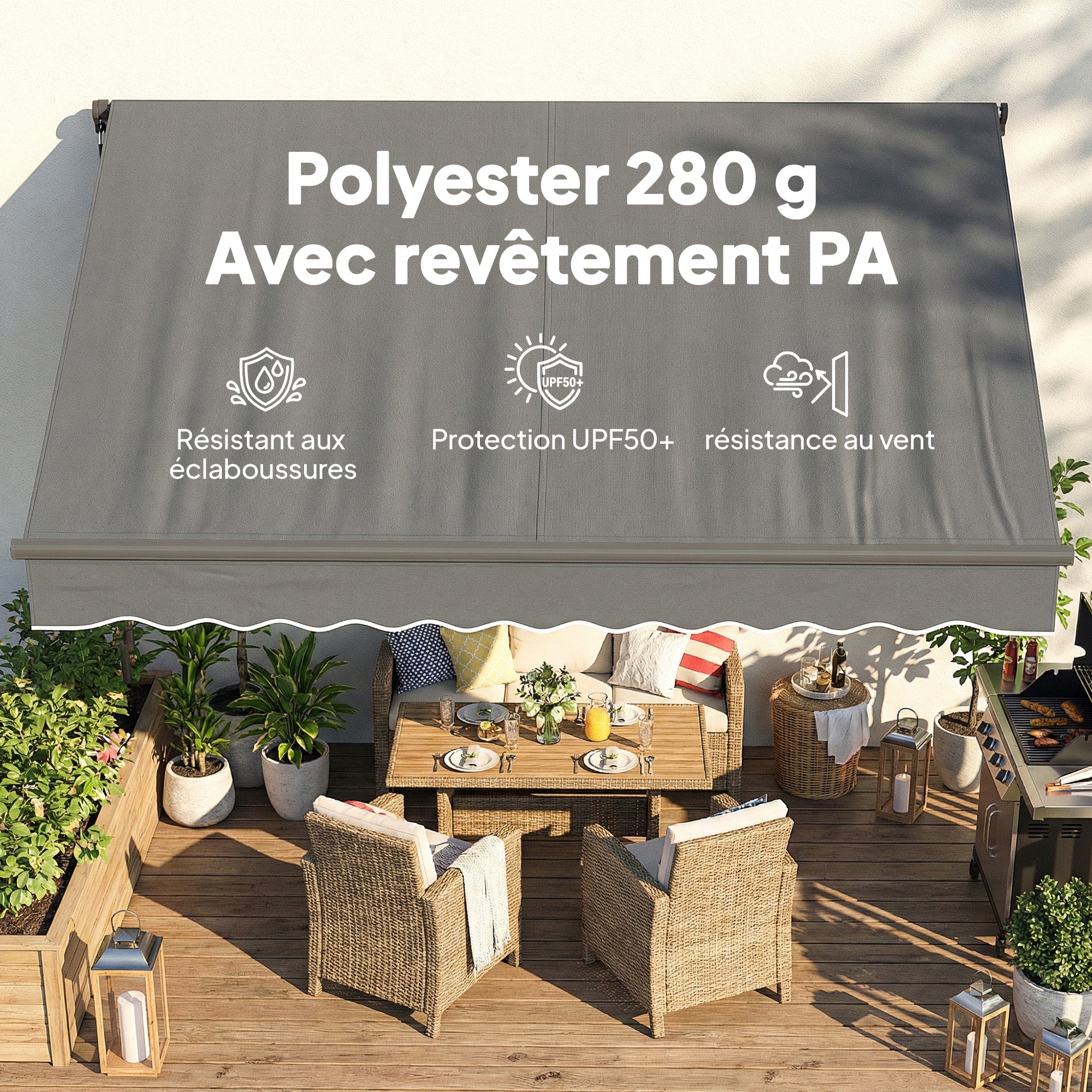 Manual Retractable Awning 11.5' x 9.8' — Adjustable Tilt, Crank-Operated, Aluminum Frame, 280 g/m² Polyester, UPF50+, Water-Resistant, Dark Gray