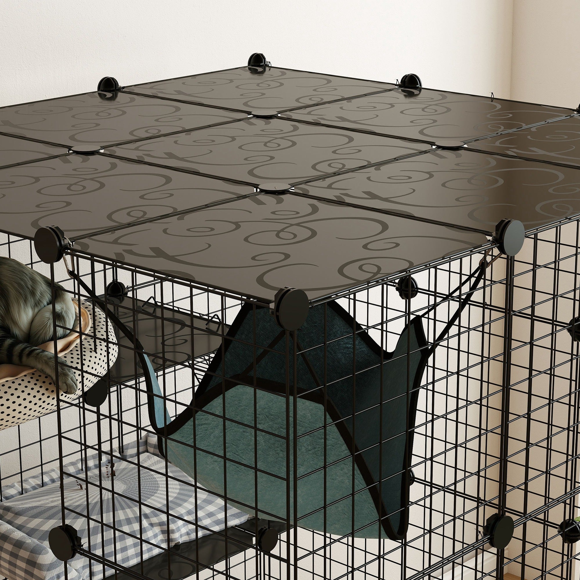 Pet Fence, Indoor Rabbit Enclosure, 4 Levels, Modular Enclosure for Small Animals, Rabbits, Wire Panels, 105 x 105 x 140 cm, Black