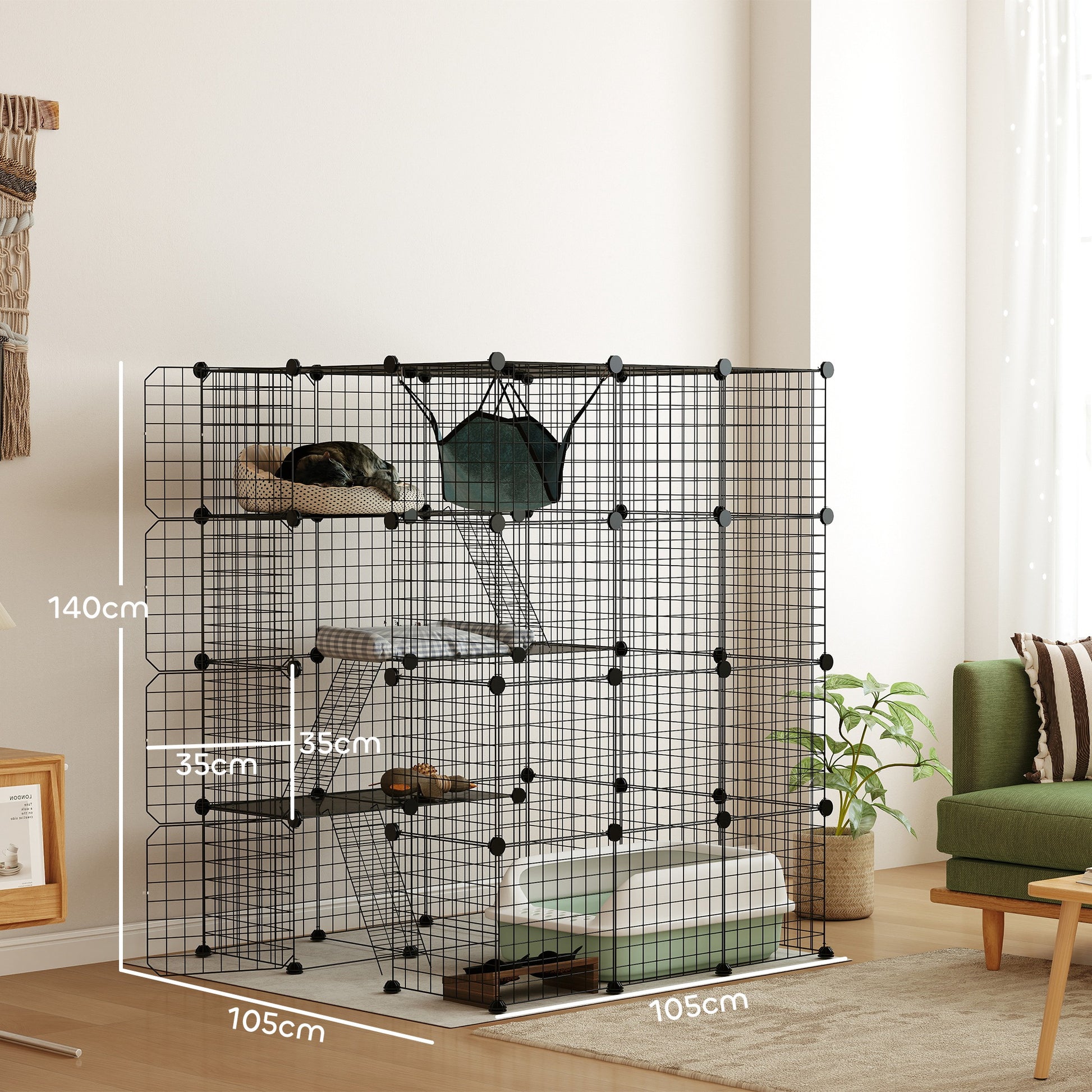 Pet Fence, Indoor Rabbit Enclosure, 4 Levels, Modular Enclosure for Small Animals, Rabbits, Wire Panels, 105 x 105 x 140 cm, Black