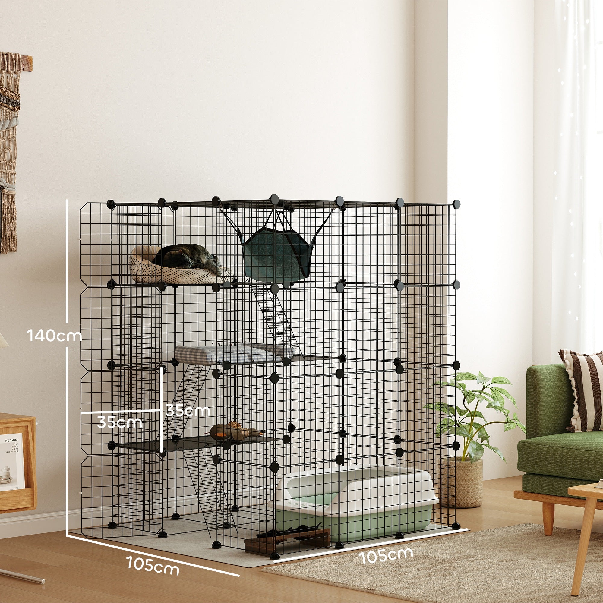 Pet Fence, Indoor Rabbit Enclosure, 4 Levels, Modular Enclosure for Small Animals, Rabbits, Wire Panels, 105 x 105 x 140 cm, Black