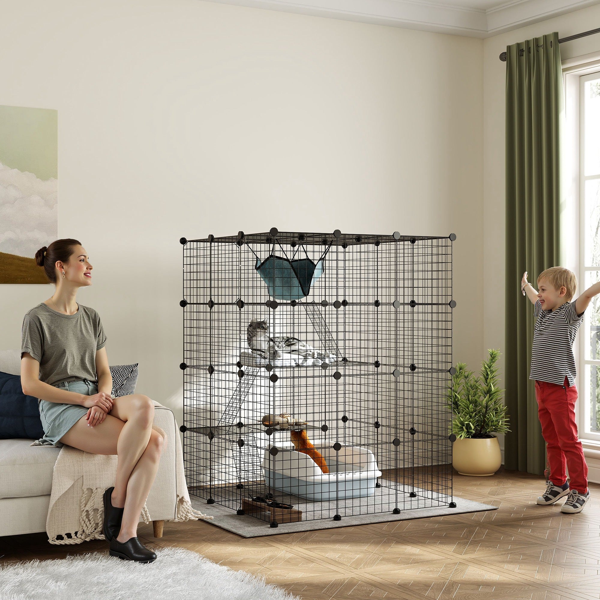 Pet Fence, Indoor Rabbit Enclosure, 4 Levels, Modular Enclosure for Small Animals, Rabbits, Wire Panels, 105 x 105 x 140 cm, Black