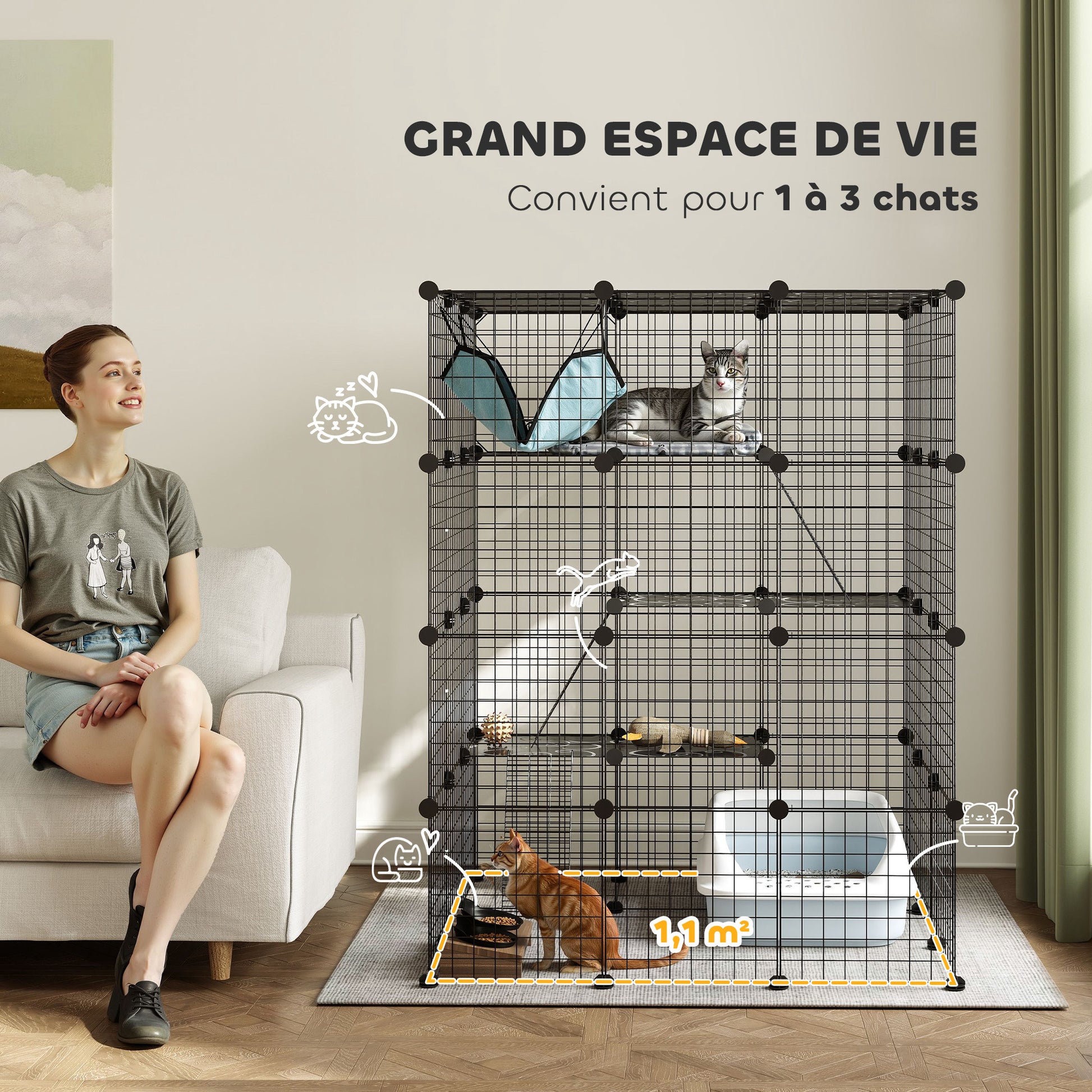 Pet Fence, Indoor Rabbit Enclosure, 4 Levels, Modular Enclosure for Small Animals, Rabbits, Wire Panels, 105 x 105 x 140 cm, Black