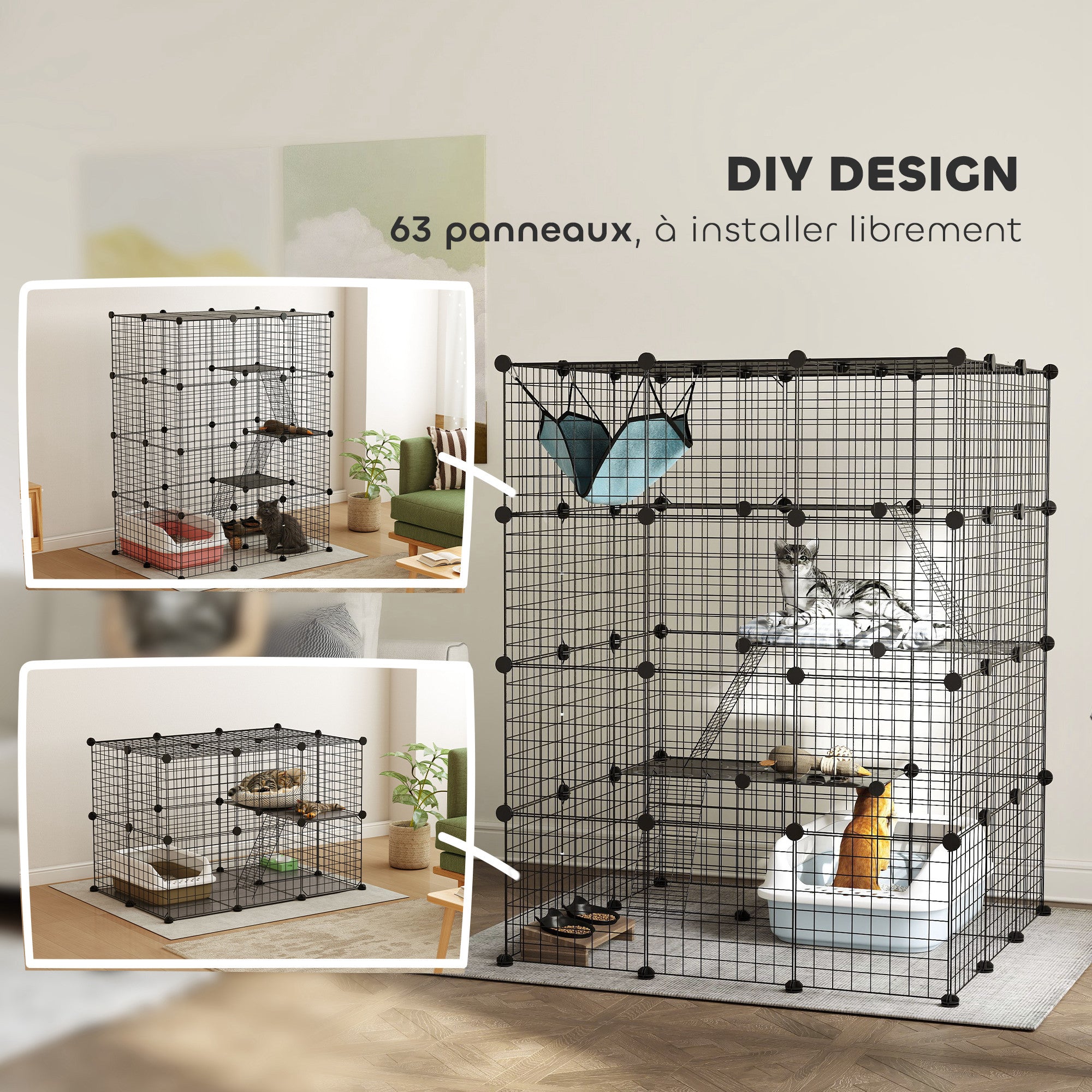 Pet Fence, Indoor Rabbit Enclosure, 4 Levels, Modular Enclosure for Small Animals, Rabbits, Wire Panels, 105 x 105 x 140 cm, Black
