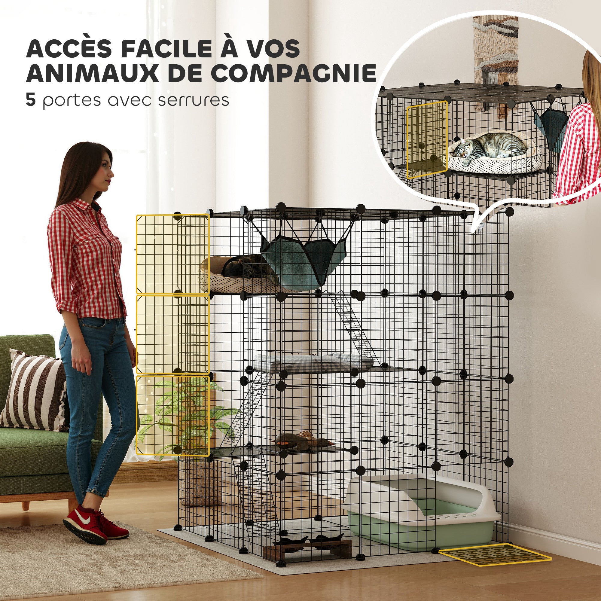 Pet Fence, Indoor Rabbit Enclosure, 4 Levels, Modular Enclosure for Small Animals, Rabbits, Wire Panels, 105 x 105 x 140 cm, Black