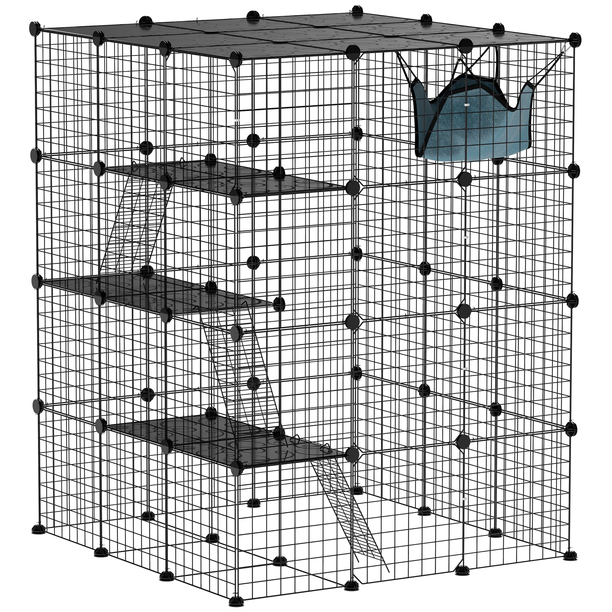 Pet Fence, Indoor Rabbit Enclosure, 4 Levels, Modular Enclosure for Small Animals, Rabbits, Wire Panels, 105 x 105 x 140 cm, Black