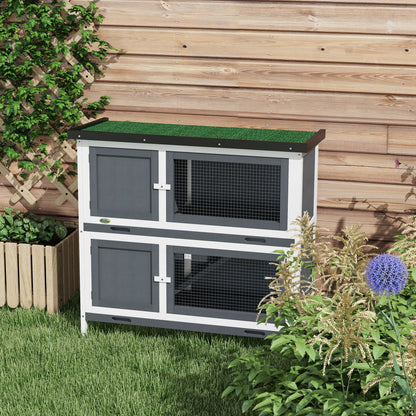 Wooden Rabbit Hutch 2-Story Rabbit Cage 97x44x91 cm with Asphalt Roof Latched Doors Removable Trays and Ramp for 2 Rabbits Gray