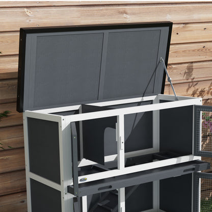 Wooden Rabbit Hutch 2-Story Rabbit Cage 97x44x91 cm with Asphalt Roof Latched Doors Removable Trays and Ramp for 2 Rabbits Gray
