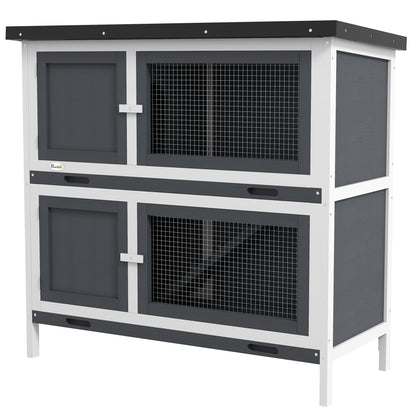 Wooden Rabbit Hutch 2-Story Rabbit Cage 97x44x91 cm with Asphalt Roof Latched Doors Removable Trays and Ramp for 2 Rabbits Gray