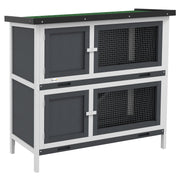 Wooden Rabbit Hutch 2-Story Rabbit Cage 97x44x91 cm with Asphalt Roof Latched Doors Removable Trays and Ramp for 2 Rabbits Gray
