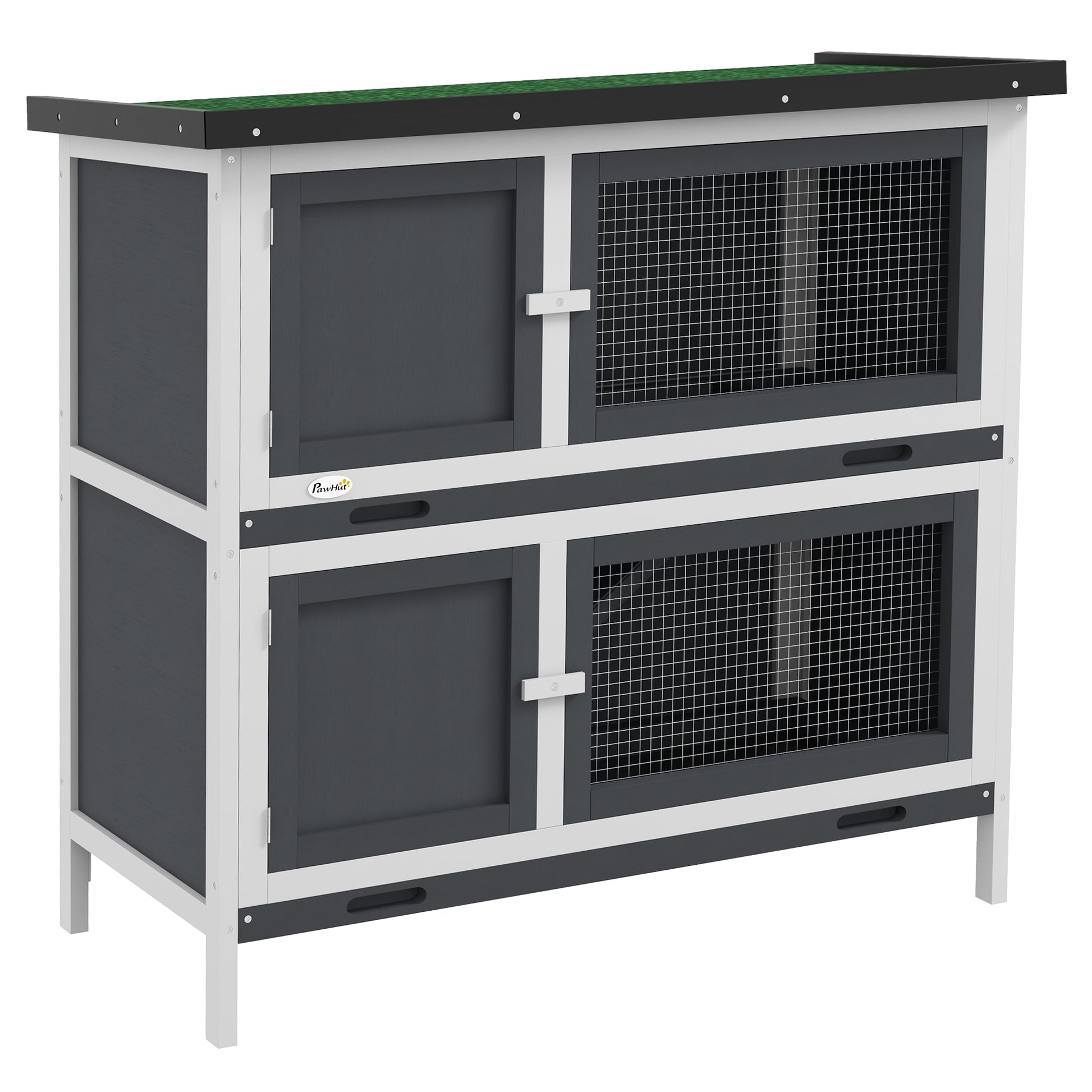 Wooden Rabbit Hutch 2-Story Rabbit Cage 97x44x91 cm with Asphalt Roof Latched Doors Removable Trays and Ramp for 2 Rabbits Gray
