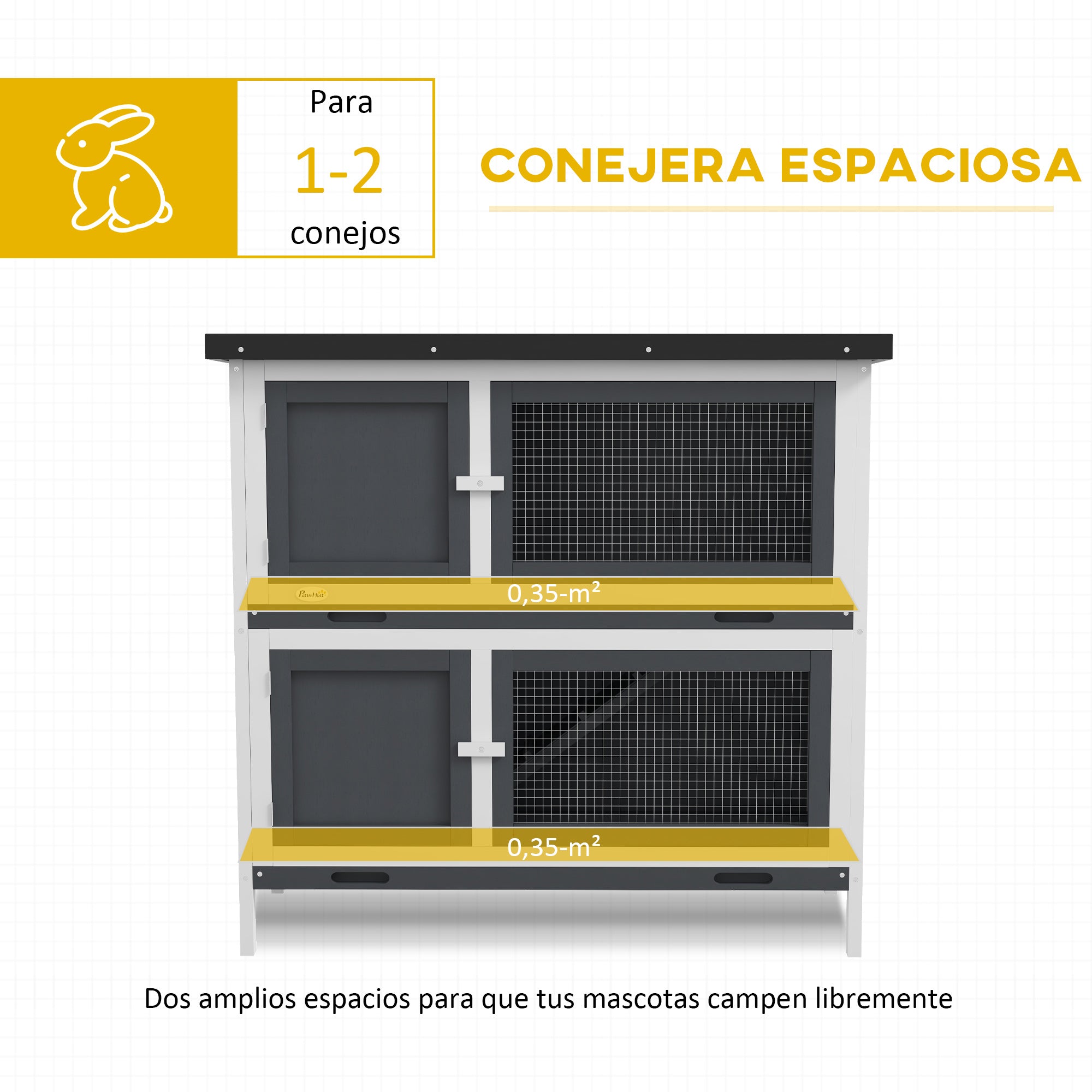 Wooden Rabbit Hutch 2-Story Rabbit Cage 97x44x91 cm with Asphalt Roof Latched Doors Removable Trays and Ramp for 2 Rabbits Gray