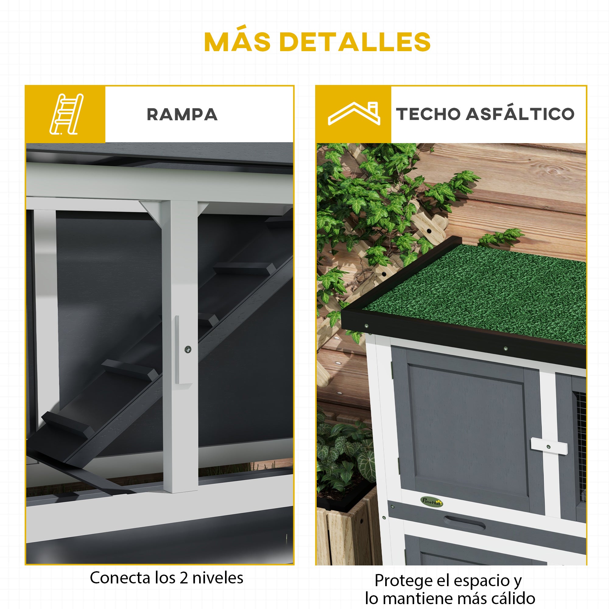 Wooden Rabbit Hutch 2-Story Rabbit Cage 97x44x91 cm with Asphalt Roof Latched Doors Removable Trays and Ramp for 2 Rabbits Gray