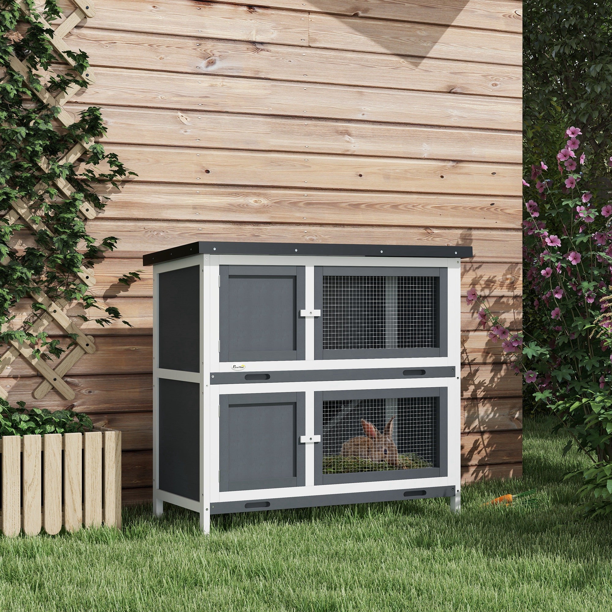 Wooden Rabbit Hutch 2-Story Rabbit Cage 97x44x91 cm with Asphalt Roof Latched Doors Removable Trays and Ramp for 2 Rabbits Gray