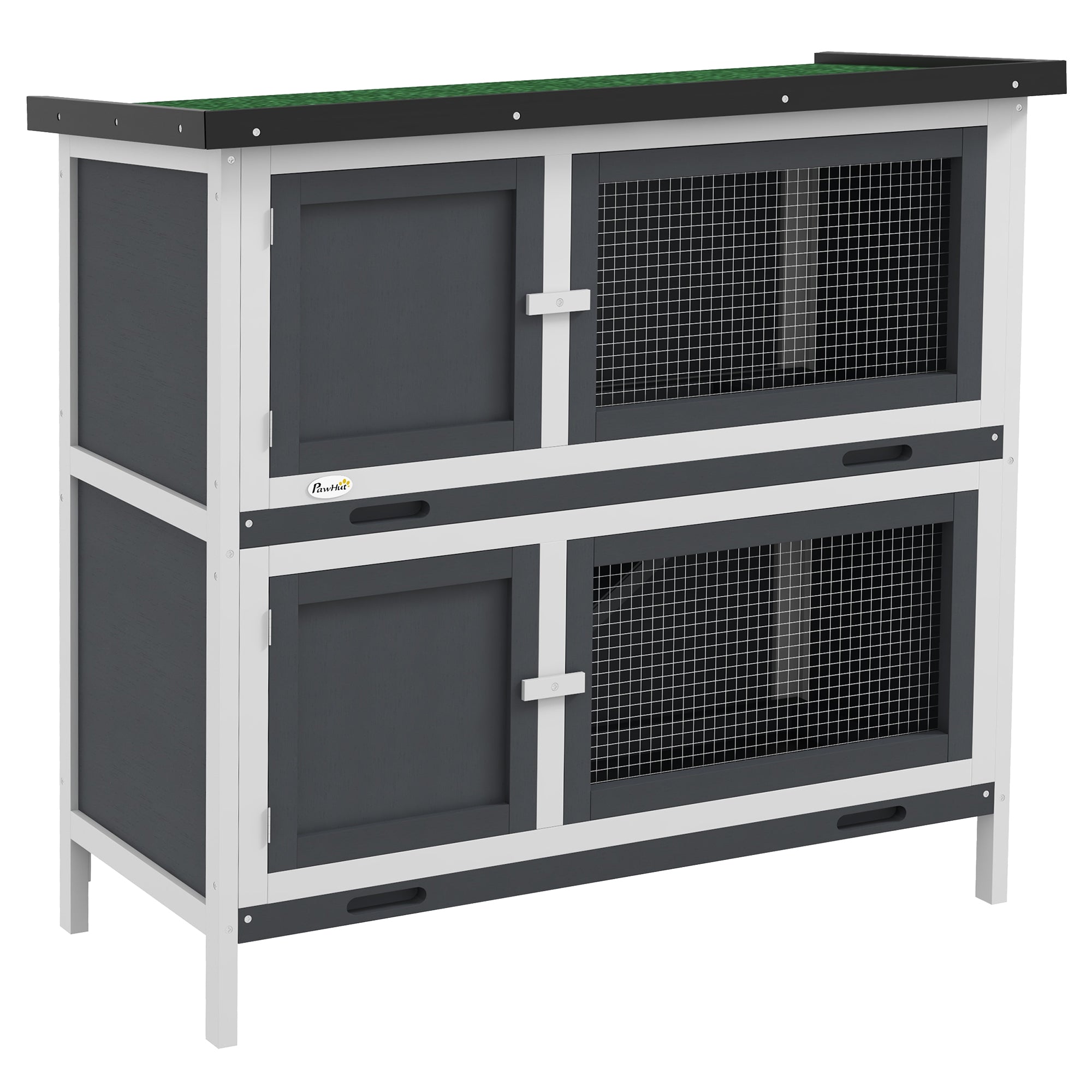 Wooden Rabbit Hutch 2-Story Rabbit Cage 97x44x91 cm with Asphalt Roof Latched Doors Removable Trays and Ramp for 2 Rabbits Gray