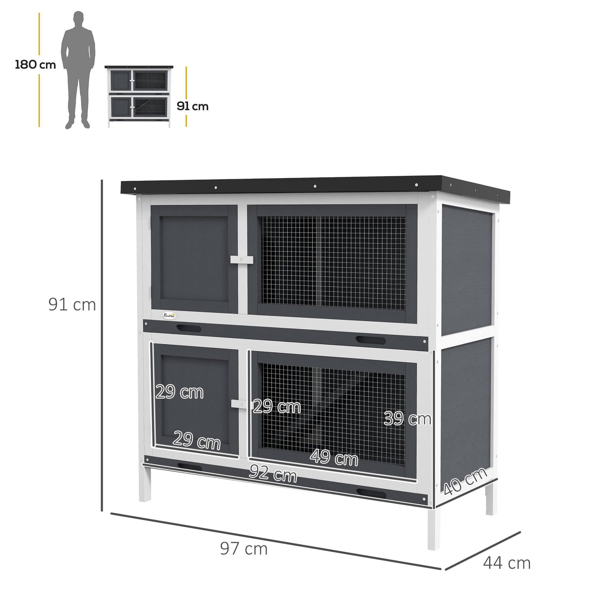 Wooden Rabbit Hutch 2-Story Rabbit Cage 97x44x91 cm with Asphalt Roof Latched Doors Removable Trays and Ramp for 2 Rabbits Gray