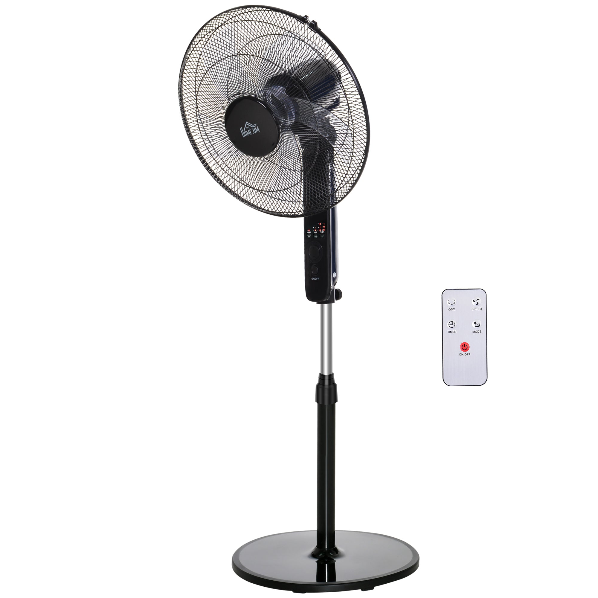 Stand Fan with Remote Control, Floor Fan, Adjustable Height Air Circulator, 3 Speeds, Adjustable Tilt Angle, Metal, Black, Ø44.5 x H110-124 cm