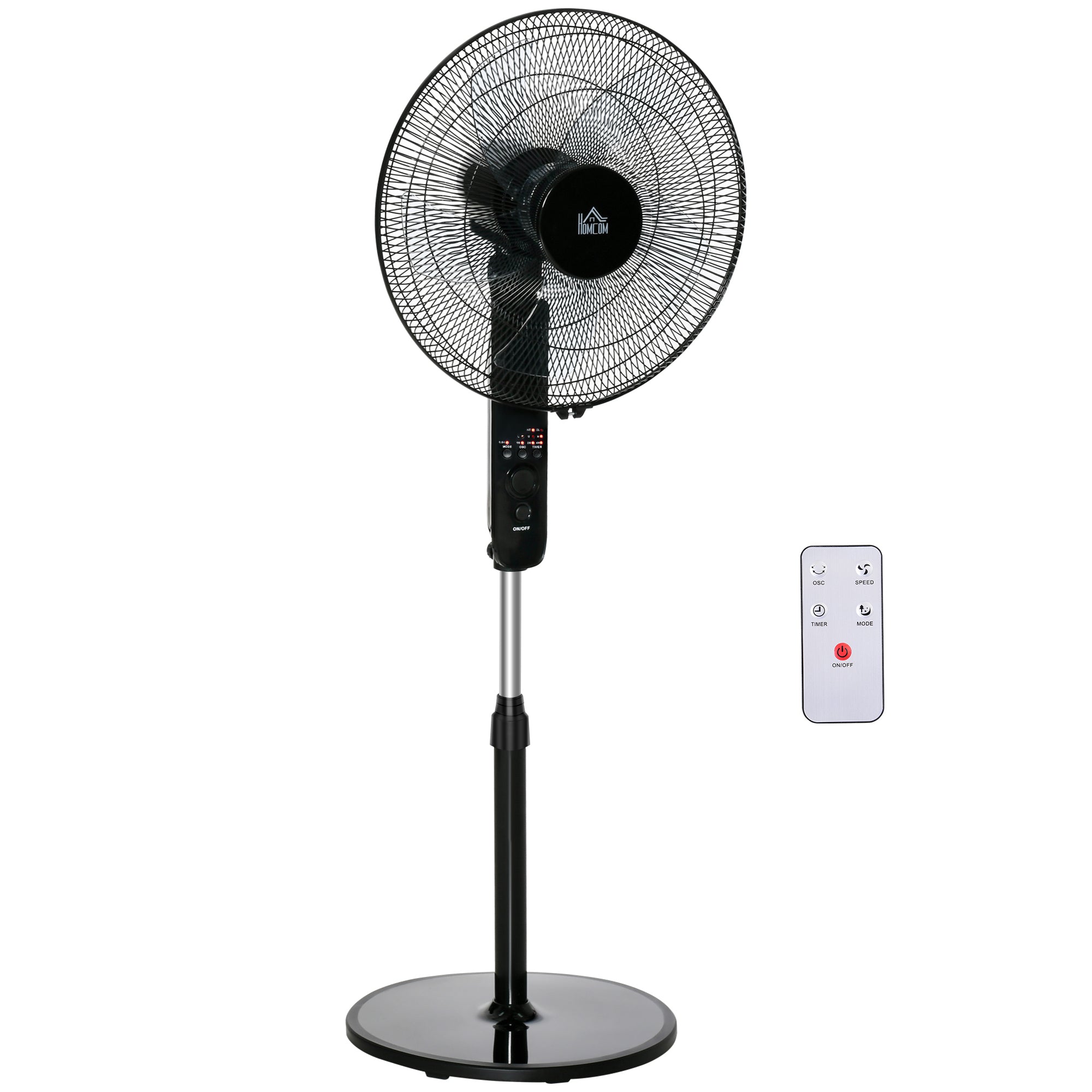 Stand Fan with Remote Control, Floor Fan, Adjustable Height Air Circulator, 3 Speeds, Adjustable Tilt Angle, Metal, Black, Ø44.5 x H110-124 cm