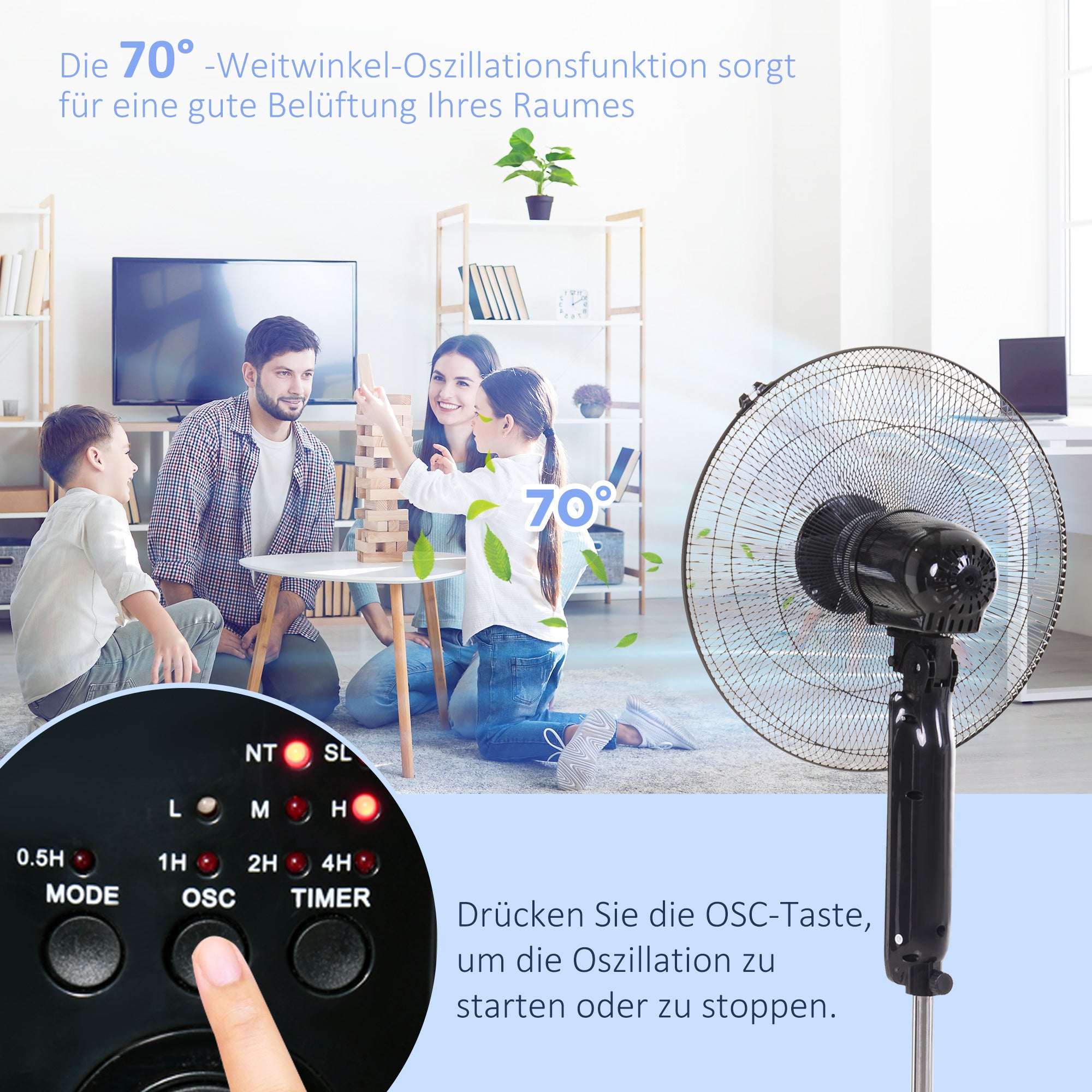 Stand Fan with Remote Control, Floor Fan, Adjustable Height Air Circulator, 3 Speeds, Adjustable Tilt Angle, Metal, Black, Ø44.5 x H110-124 cm