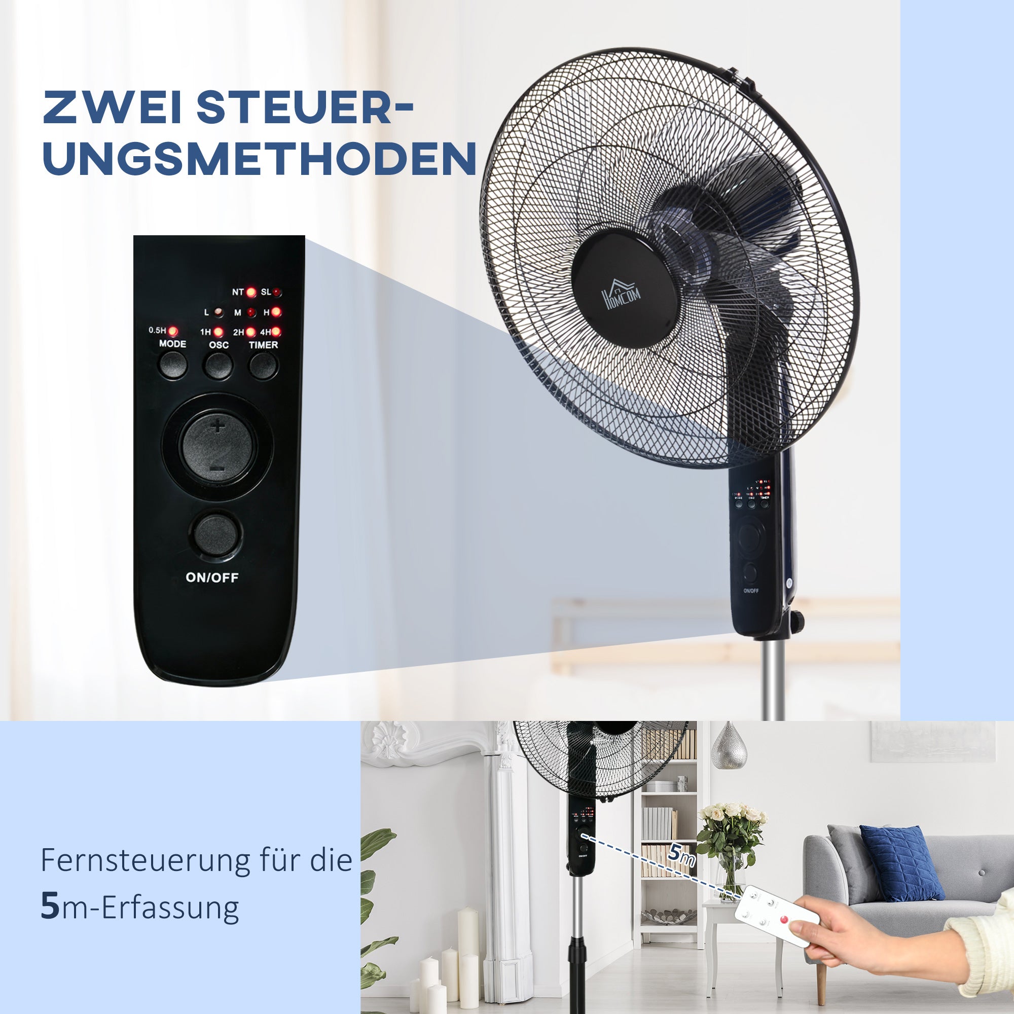 Stand Fan with Remote Control, Floor Fan, Adjustable Height Air Circulator, 3 Speeds, Adjustable Tilt Angle, Metal, Black, Ø44.5 x H110-124 cm